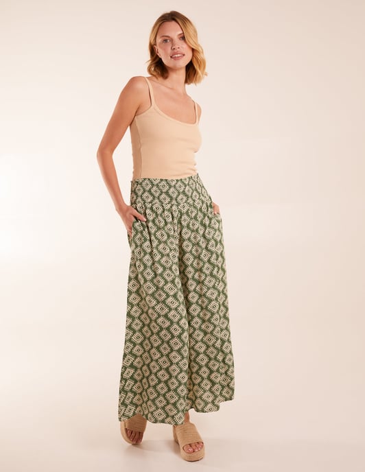Shirred Waist Wide Leg Aztec Trouser
