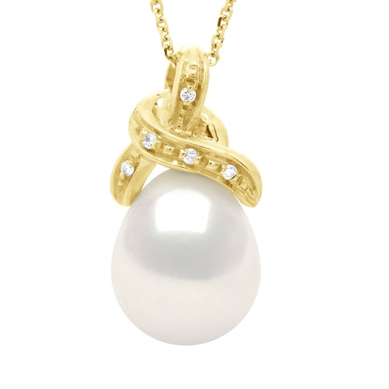 Necklace Beaded Pendant KNOT Yellow Gold and Diamonds 0.04 Cts Real Freshwater Pearl Pear 9-10 mm