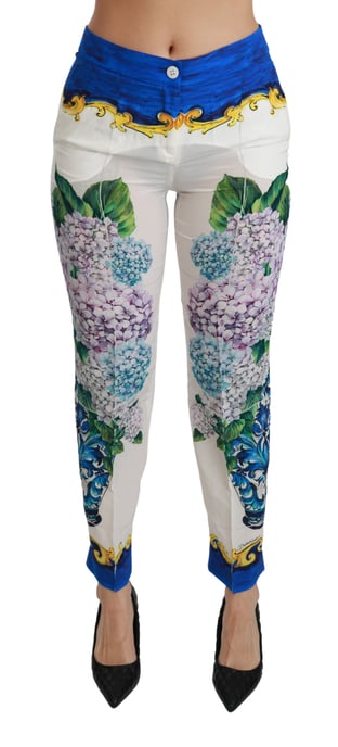 Dolce en Gabbana Witte Hortensia Rechte Midden Taillezijde Zijde Broek - Image 1