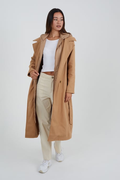 Camel Faux Wool Maxi Hooded Trench Coat