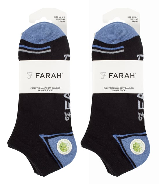 10 Pairs Mens Bamboo Trainer Socks | Farah | Striped Cushioned Ankle Socks - Black - Image 2