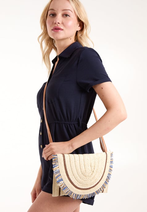 Woven Fringe Detail Clutch Bag With Attachable Strap