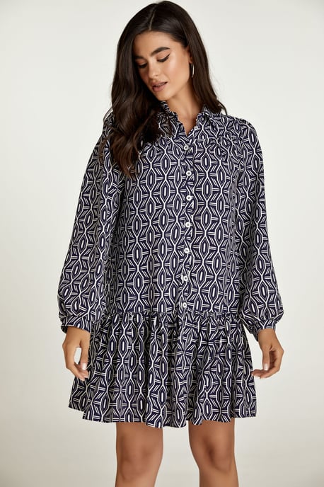 Navy en witte print jurk met knopen - Image 3
