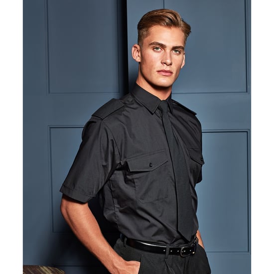Premier Mens Short Sleeve Pilot Plain Work Shirt (Black)