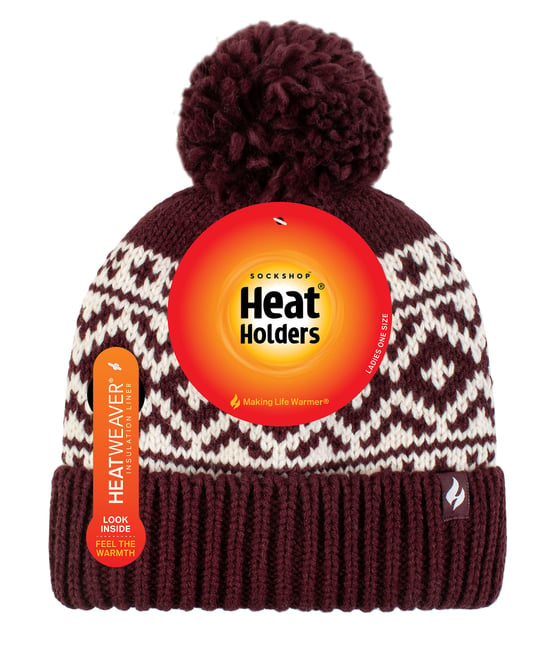 Ladies Patterned Turnover Bobble Hat | Heat Holders | Chunky Cable Knit with Heatweaver Fleece Lining | Billingen Style - Wine - Image 2