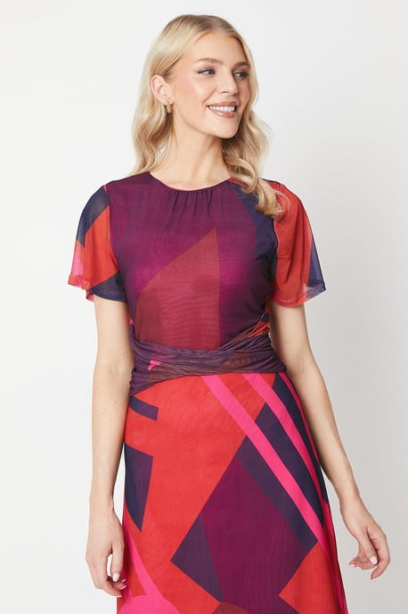 Pink Geo Twist Front Mesh Midi Dress
