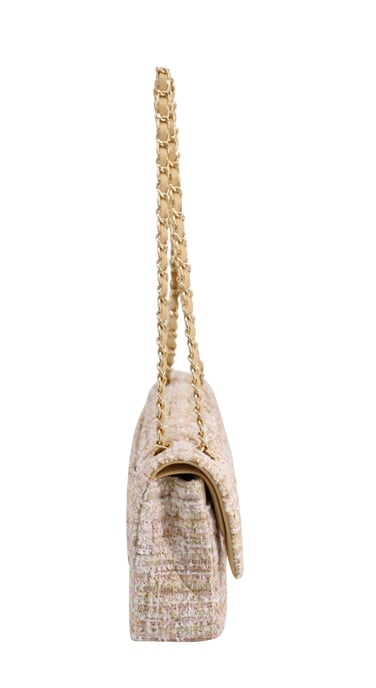 Chanel Classic Flap Shoulder Bag with Gold Tone Metal  in Pastel Pink Tweed and Leather