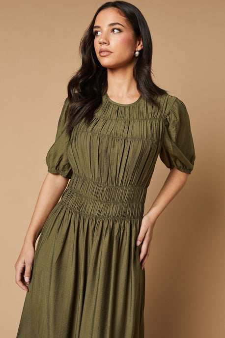 Shirred Bodice Puff Sleeve Midi Dress