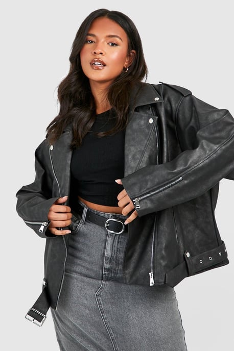 Plus Vintage Wash Pu Oversized Biker Jacket - Image 1