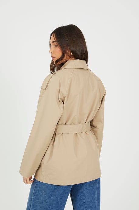 Stone Double Breasted Short Mac With Self Tie Belt