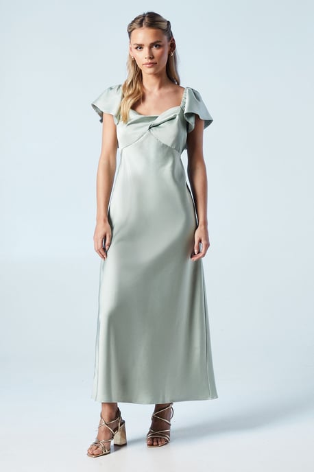 Petite Twist Front Angel Sleeve Midi Bridesmaids Dress