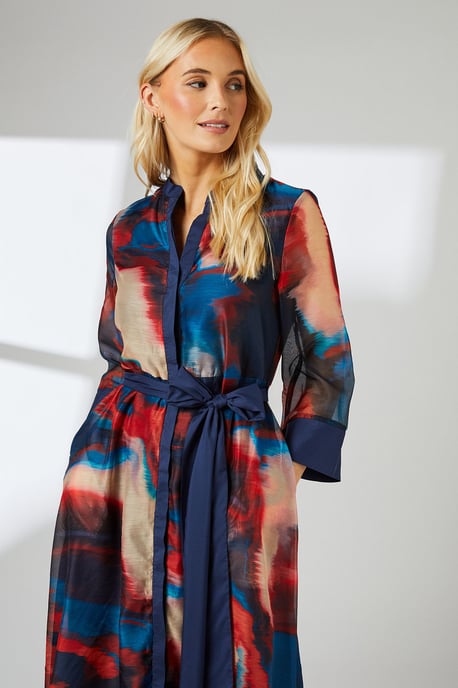 Multi Blur Print Belted Contrast Detail Collarless Shirt Dress