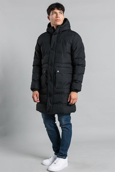 Black Longline Funnel Neck Hooded Padded Jacket