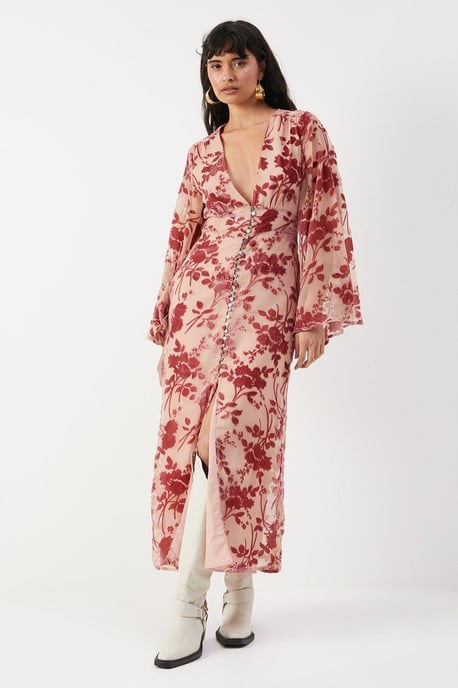 Devore Plunge Neck Flared Sleeve Button Through Midi Dress - Image 1
