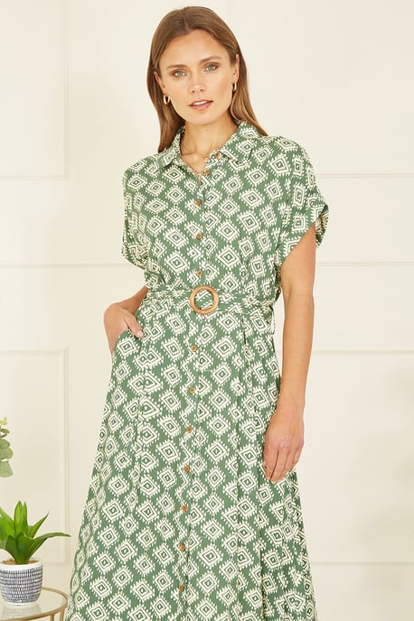 Green Viscose Midi Shirt Dress With Matching Belt