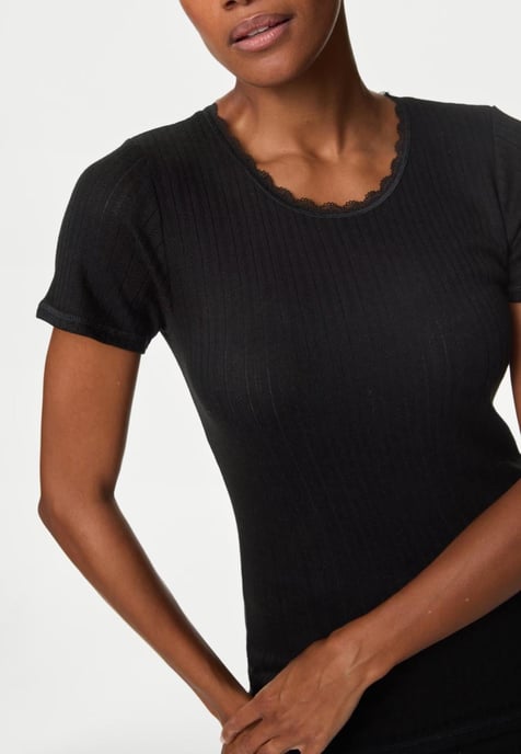 Womens 2 Pack Thermal Pointelle Short Sleeve Tops in Black - Image 4