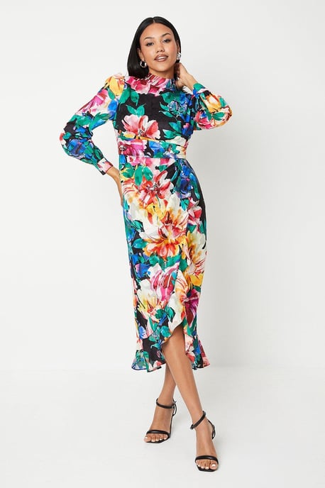 Blouson Sleeve Georgette Jacquard Printed Midi Dress