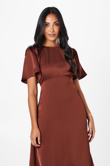Petite Satin Ruffle Sleeve Midi Dress