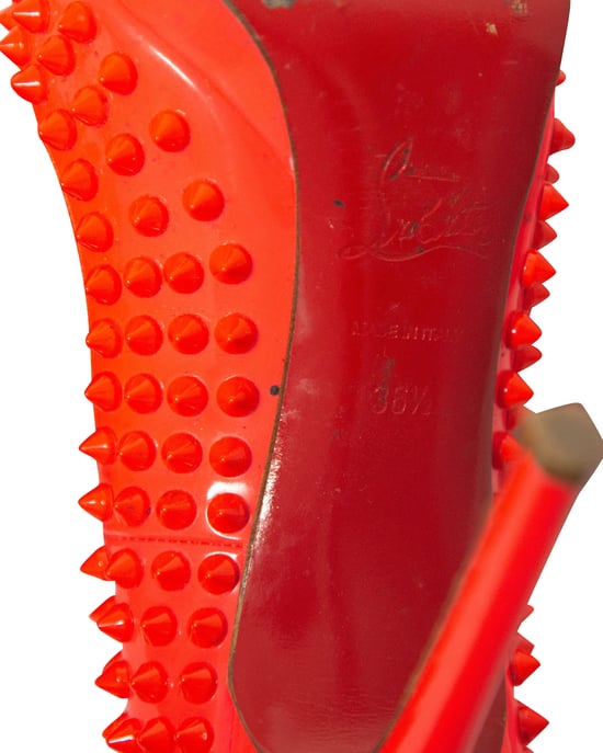 Christian Louboutin Pigalle Plato 120 Spiked Heels in Neon Red Patent Leather - Image 5