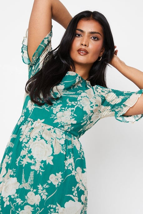 Floral Shirred Shoulder Chiffon Midi Dress