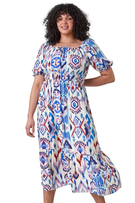 Curve Aztec Print Shirred Midi Dress