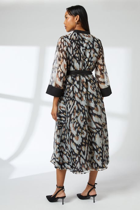 Black Belted Contrast Detail Collarless Shirt Dress
