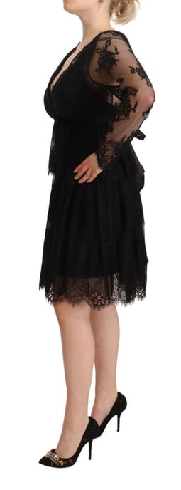 Aniye By Women's Black Floral Lace Cotton Long Sleeves V-neck Shift Dress