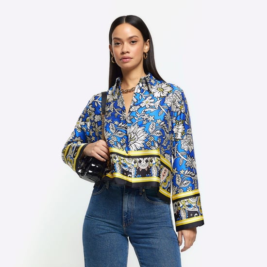 River Island Womens Shirt Blue Satin Floral Crop