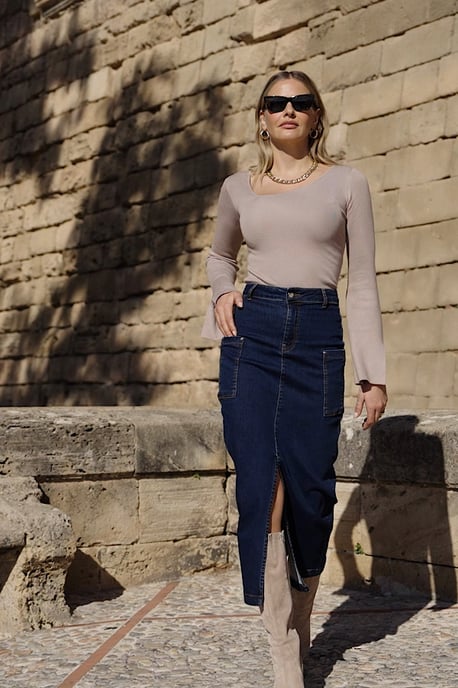 Dark Indigo Denim Cargo Midi Skirt
