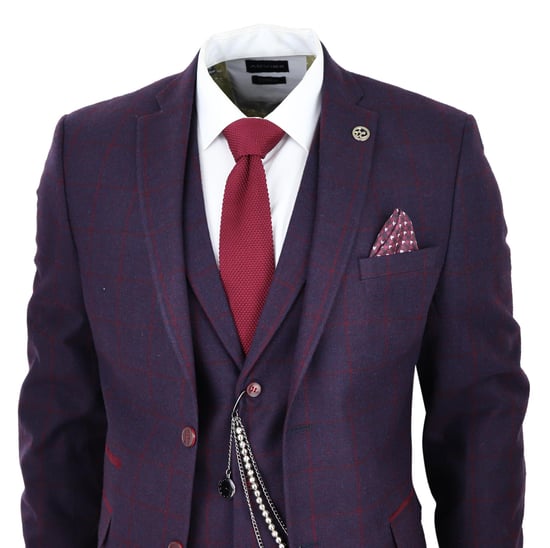 Mens 3 Piece Tweed Suit Plum Purple Check Peaky Blinders Classic 1920 Gatsby - Image 3