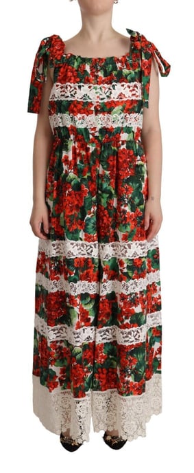 Dolce & Gabbana Multicolor Geranium Print Kant Lange Maxi Dames Dress - Image 1