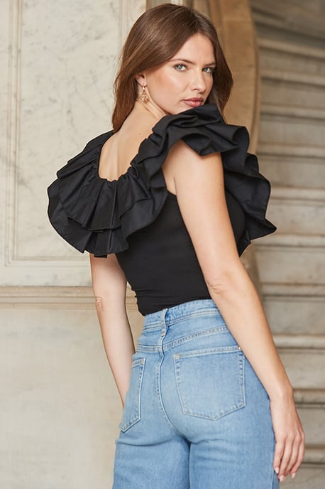 Black Ruffle Detail Jersey Top