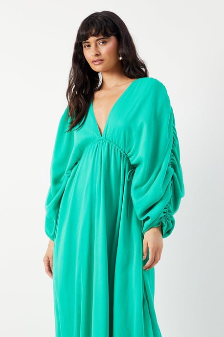 Chiffon Pleat Plunge Neck Batwing Midaxi Dress