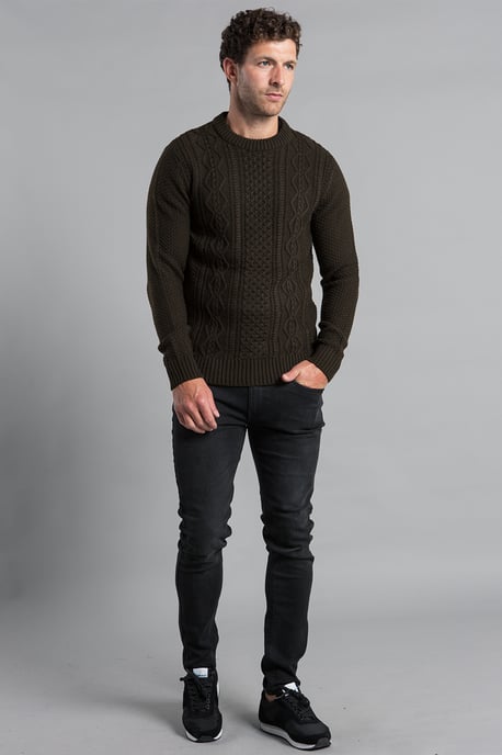 Khaki Two Stitch Cable Knit Crew Neck Jumper