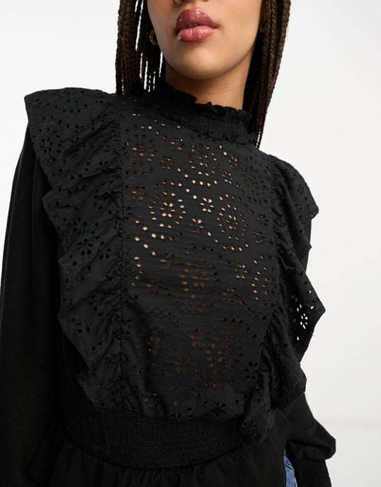 Miss Selfridge long sleeve cutwork frill top-Black