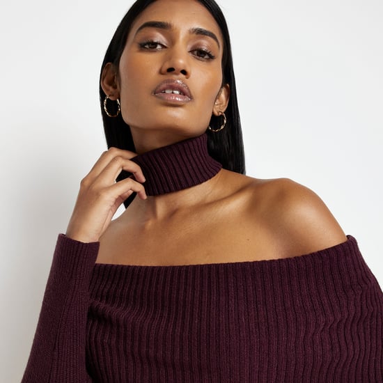 River Island Womens Bodycon Midi Dress Red Knit Bardot