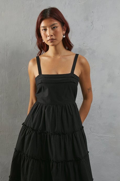 Poplin Tiered Midi Strappy Sundress