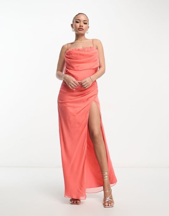 ASOS DESIGN corset maxi dress with soft cowl front in coral-Orange