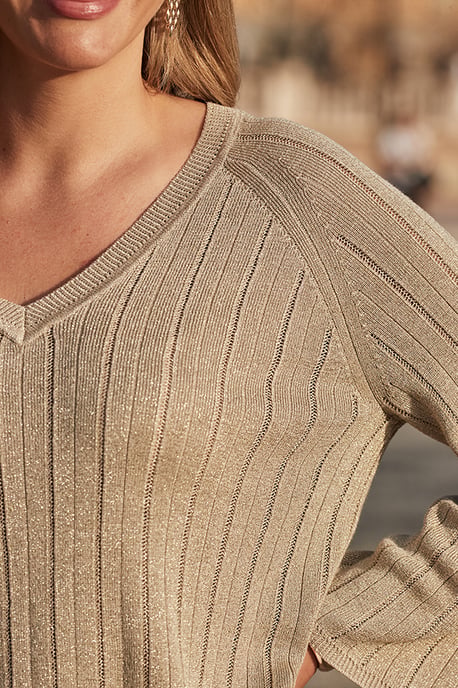 Gold Sparkle Metallic Pointelle Stitch Fluted Sleeve Jumper