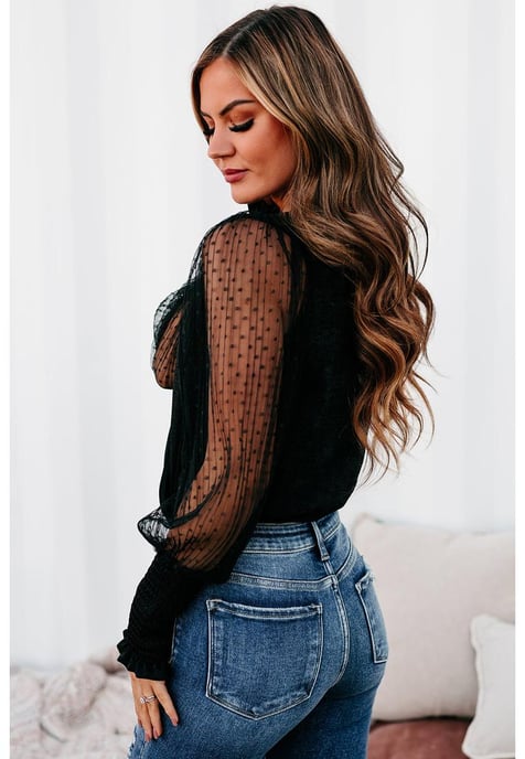Women's Mesh Surplice Bodysuit in Black - Image 4