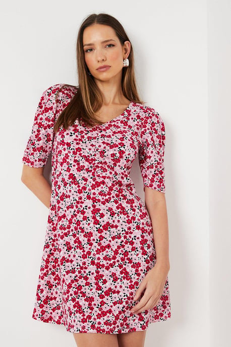V Neck Ruched Front Puff Sleeve Mini Dress