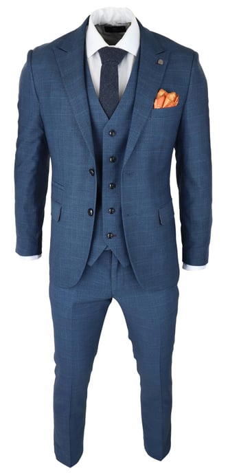 Mens 3 Piece Blue Suit Prince Of Wales Check Classic Light Tailored Fit Modern - Image 2