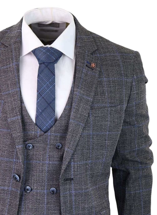 Heren 3-delig grijs met blauw geruit tweed vintage klassiek pak - Image 6