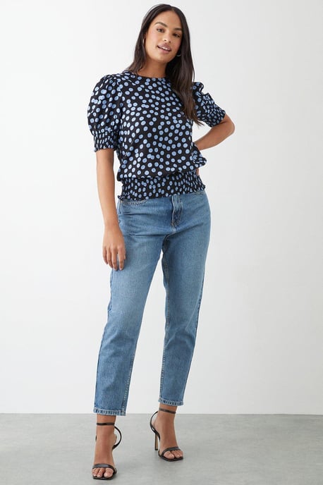 Blue Spot Shirred Hem Blouse