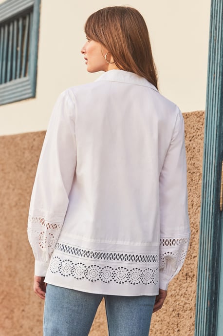 White Broderie Detail Balloon Sleeve Cotton Shirt
