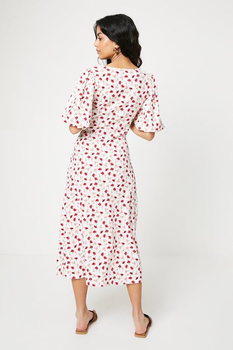 Petite Ditsy Ruched Front Puff Sleeve Midi Dress - Image 3