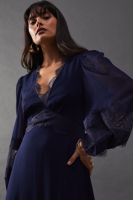 Chiffon Lace Insert Plunge Neck Maxi Dress
