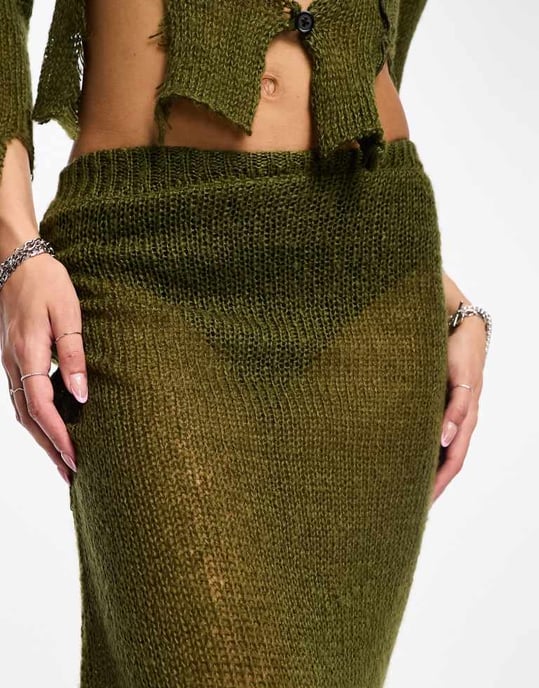 COLLUSION open stitch knitted midi skirt with asymetric hem co-ord in khaki-Green