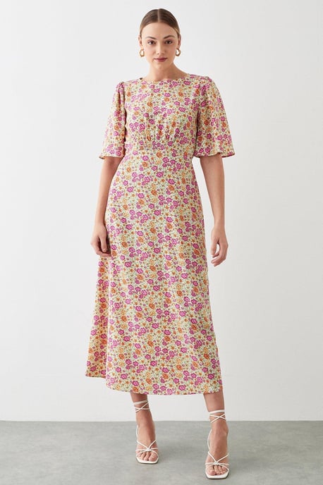 Tall Multi Ditsy Flutter Sleeve Shirred Waist Midi Dress