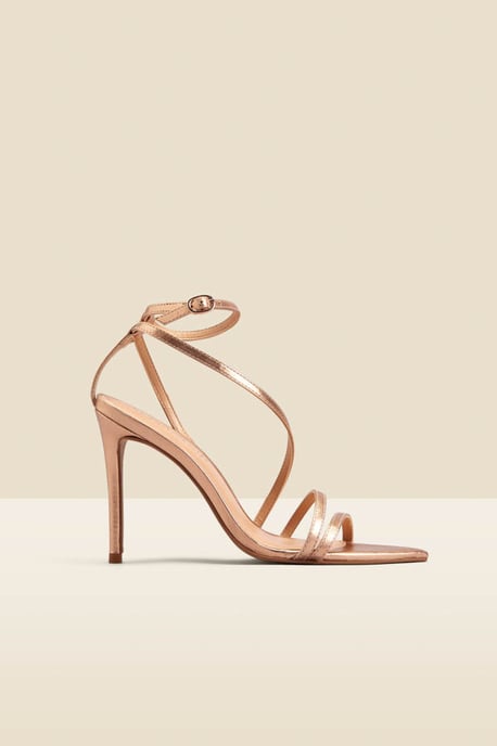 Rose Gold Leather Multi Strap Pointed Toe Stiletto Heel Sandals